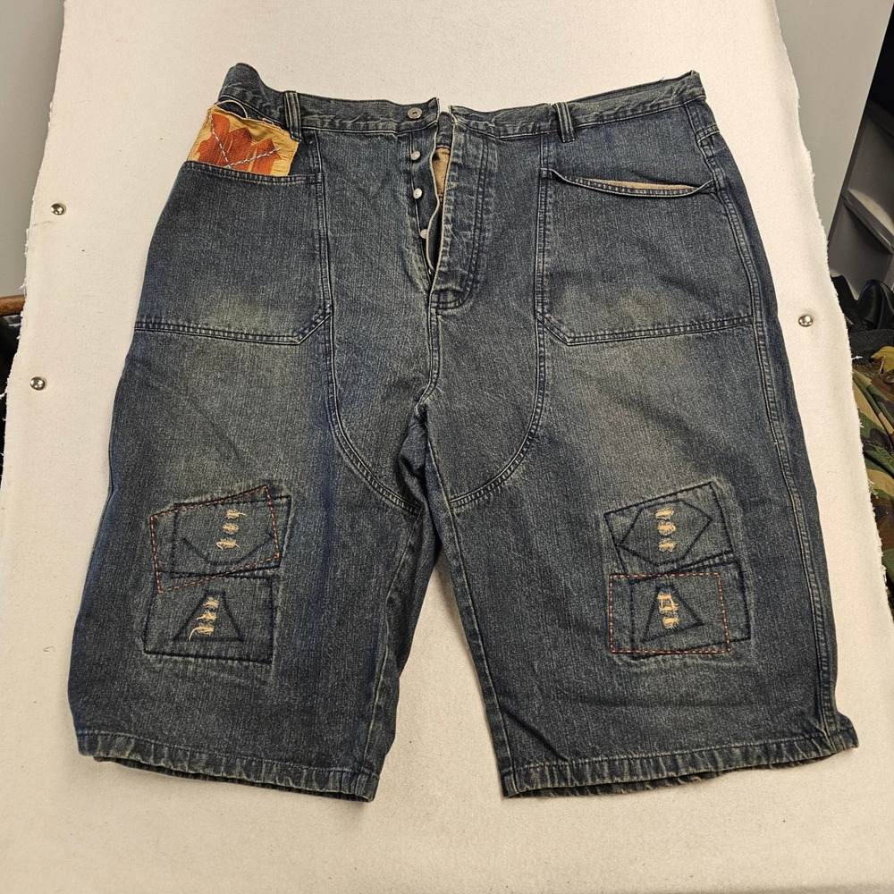 Makaveli Branded Mens W50 Baggy Denim Shorts Blue Y2K Hip Hop Distressed Embroid